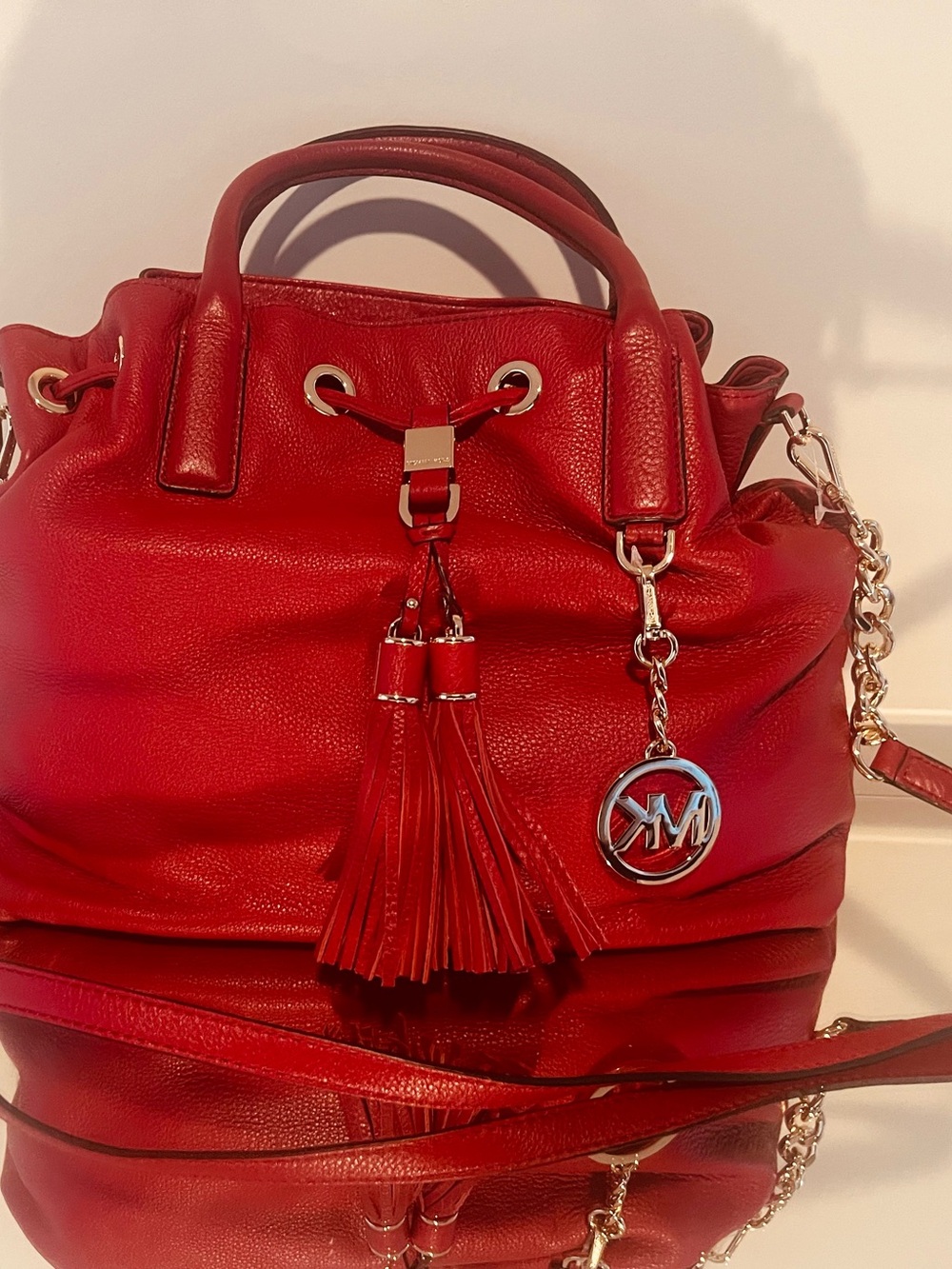 Michael Kors Red Leather Drawstring Tassel Shoulder Bag with Chain Charm